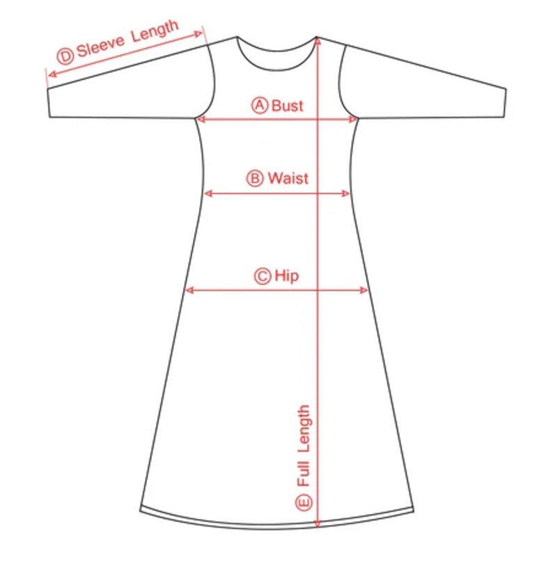 <p>&nbsp;* All measurements are in inches&nbsp;(<strong>inch</strong>).</p><figure class="table"><table><tbody><tr><td>&nbsp;</td><td>&nbsp;</td><td><p style="text-align:center;"><span style="background-color:white;"><strong>UK8</strong></span></p></td><td><p style="text-align:center;"><span style="background-color:white;color:black;"><strong>UK10</strong></span></p></td><td><p style="text-align:center;"><span style="background-color:white;color:black;"><strong>UK12</strong></span></p></td><td><p style="text-align:center;"><span style="background-color:white;color:black;"><strong>UK14</strong></span></p></td></tr><tr><td><p style="text-align:center;"><strong>A</strong></p></td><td>Bust</td><td><p style="text-align:center;">33</p></td><td><p style="text-align:center;">36</p></td><td><p style="text-align:center;">38</p></td><td><p style="text-align:center;">40</p></td></tr><tr><td><p style="text-align:center;"><strong>B</strong></p></td><td>Waist</td><td><p style="text-align:center;">26</p></td><td><p style="text-align:center;">28</p></td><td><p style="text-align:center;">30</p></td><td><p style="text-align:center;">33</p></td></tr><tr><td><p style="text-align:center;"><strong>C</strong></p></td><td>Hip</td><td><p style="text-align:center;">35</p></td><td><p style="text-align:center;">37</p></td><td><p style="text-align:center;">39</p></td><td><p style="text-align:center;">42</p></td></tr><tr><td><p style="text-align:center;"><strong>E</strong></p></td><td>Body Length (Skirt Only)</td><td><p style="text-align:center;">31.5</p></td><td><p style="text-align:center;">32</p></td><td><p style="text-align:center;">32.5</p></td><td><p style="text-align:center;">33&nbsp;</p></td></tr></tbody></table></figure><p>&nbsp;</p><p>If you need assistance when choosing your size, don't hesitate to contact us.</p><p>All sizes shown in the Size Charts are approximate. Please shop carefully and refer to our Size Chart to ensure the best fit.</p>